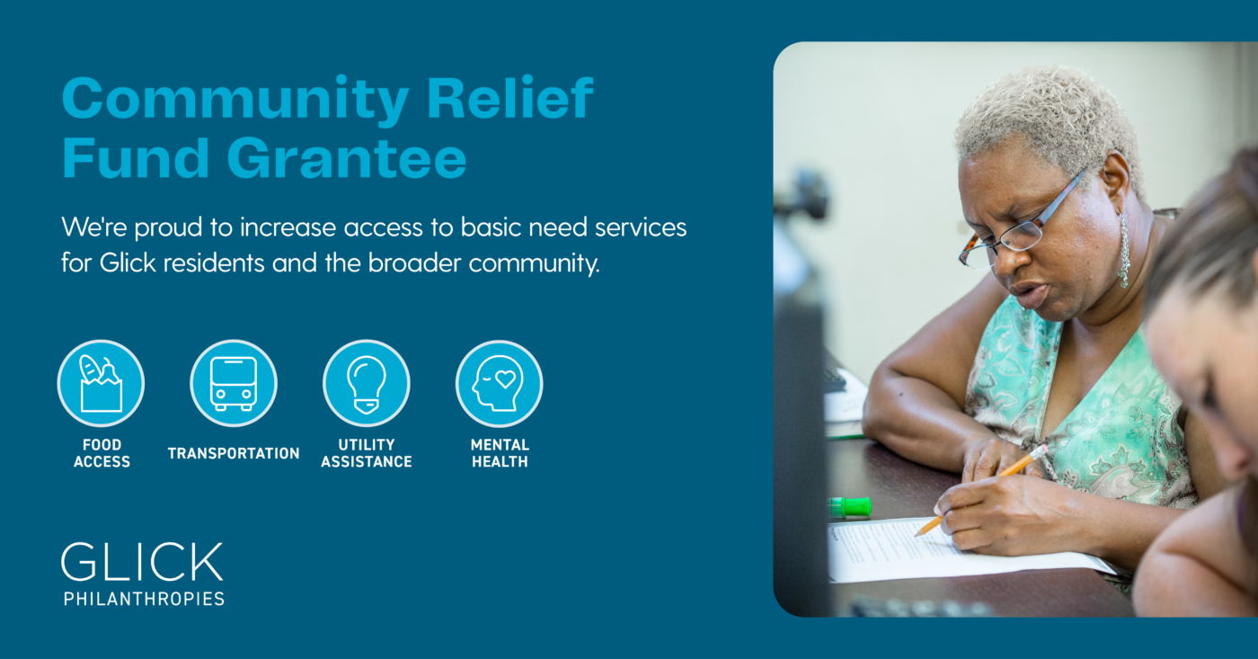 Banner: Community Relief Fund Grantee with services including food access, transportation, utility and mental health support, next to an image of a woman writing at a table.