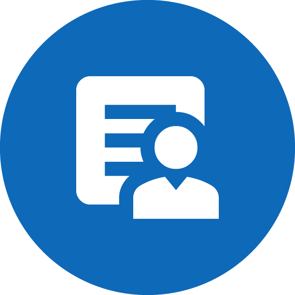 Blue circular icon with a user silhouette beside a document, indicating a user profile or account details.