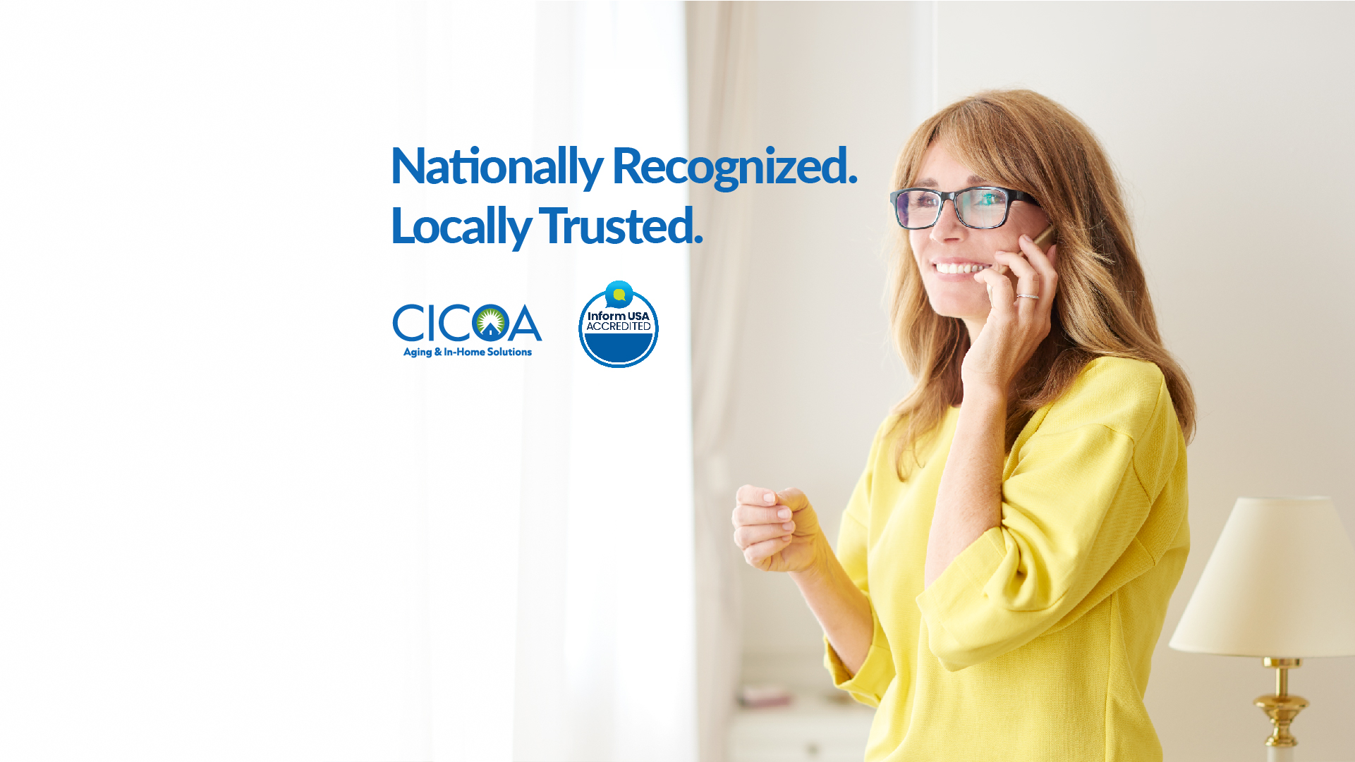 Smiling woman in a yellow blouse talks on a mobile phone, with CICOA and accreditation logos to her left.
