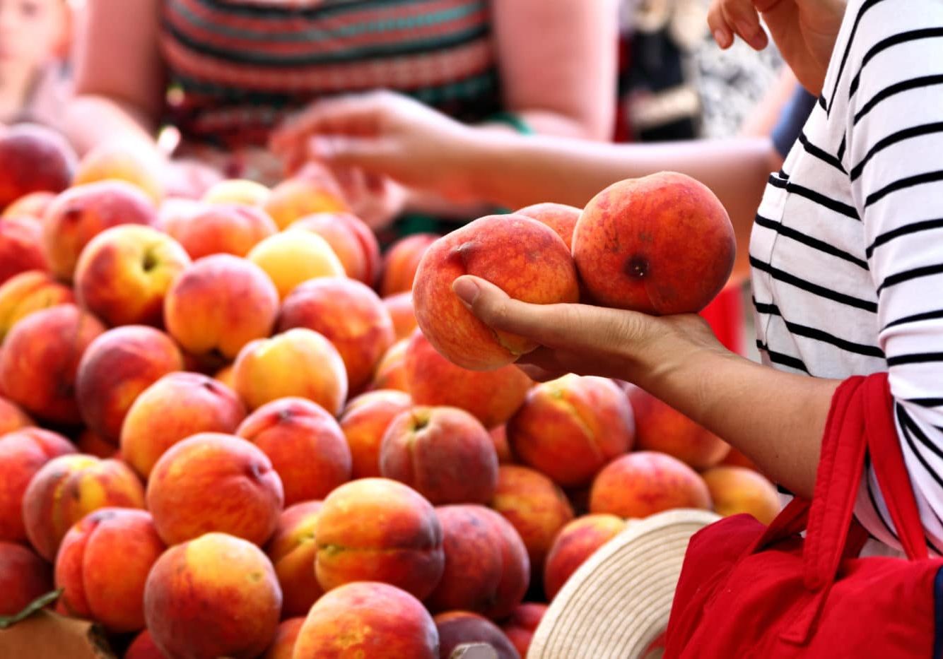 Farmers Market Woman shopping for peaches at the local farmers market