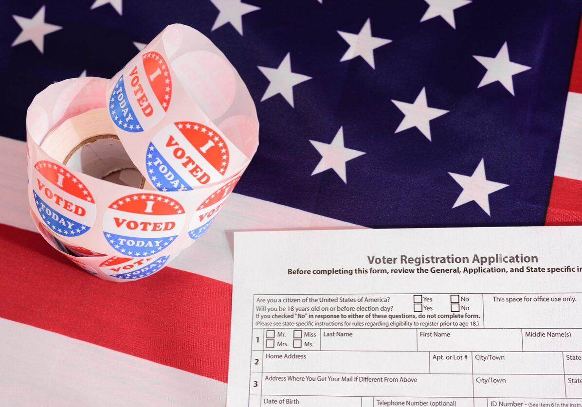Voter registration application for the 2020 presidential elections, on an American flag background.
