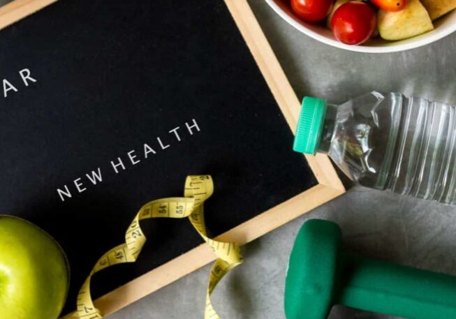 New Year for New Healthy 2024.  Fresh vegetable salad and healthy food for sport equipment for women diet slimming weight loss background. Healthy change new life Concept