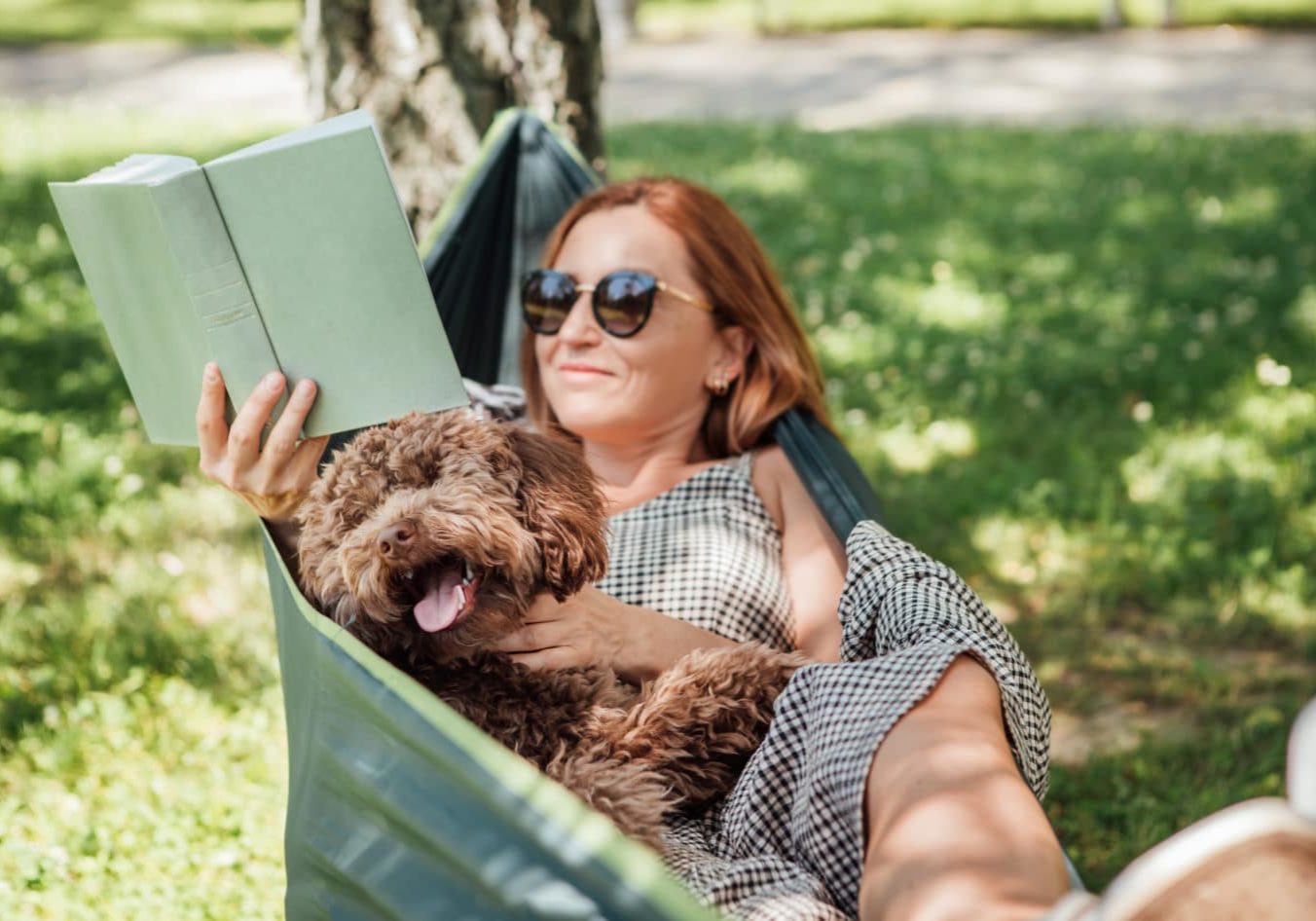 Woman Reading Book Relaxing In Hammock With Her Fluffy Brown Maltipoo Dog On Sunny Day. Both Looking Content And Happy. This Outdoor Scene Captures Joy Of Bonding With Pets And Enjoying Togetherness Woman reading book relaxing in hammock with her fluffy brown Maltipoo dog on sunny day